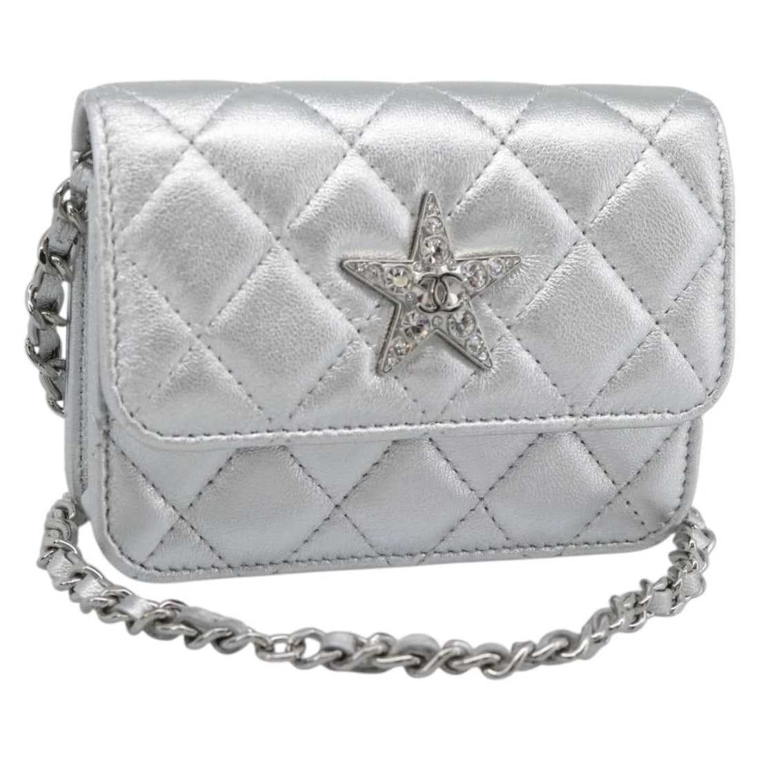 CHANEL MATELASSE CHAIN SHOULDER BAG LAMB SKIN SILVER: CHANEL Matelasse Chain Shoulder Bag Lamb Skin Silver Brand: CHANEL Type/Style: Shoulder Bag Material: Lamb Skin Color: Silver Size: Size(Inch) W4.7 x H3.5 x D1.2inch(Approx) Accessories: None