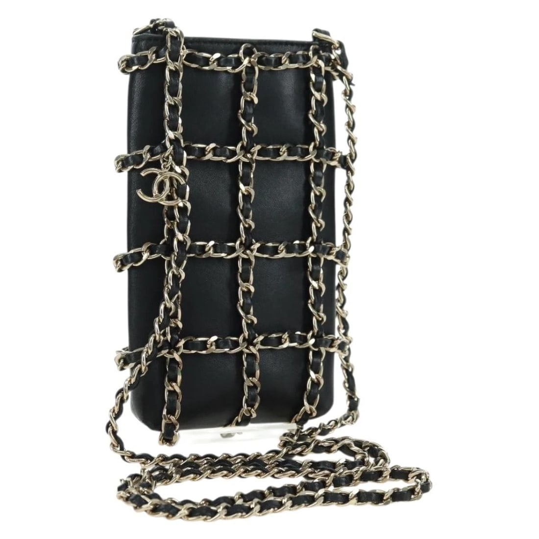 CHANEL CHAIN SHOULDER POUCH LEATHER BLACK GOLD: CHANEL Chain Shoulder Pouch Leather Black Gold Brand: CHANEL Type/Style: Pouch Material: Leather Color: Black,Gold Size: Size(Inch)W3.5 x H6.7 x D0.8inch(Approx) Accessories: None Accessor