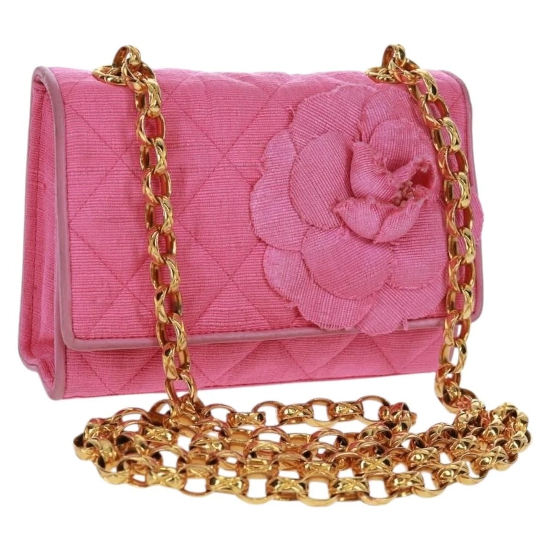 CHANEL MATELASSE CHAIN CAMELIA SHOULDER BAG COTTON PINK GOLD: CHANEL Matelasse Chain Camelia Shoulder Bag Cotton Pink Gold Brand: CHANEL Type/Style: Shoulder Bag Material: Cotton Color: Pink/Gold Size: Size(Inch) W5.9 x H3.9 x D1.6inch(Approx) Accessories: None