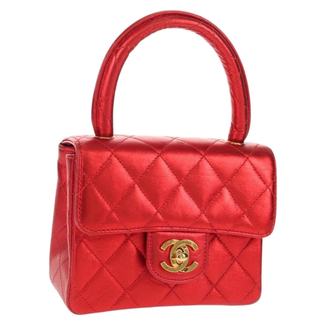 CHANEL MATELASSE TOP HANDLE HAND BAG LEATHER RED GOLD: CHANEL Matelasse Top Handle Hand Bag Leather Red Gold Brand: CHANEL Type/Style: Hand Bag Material: Leather Color: Red/Gold Size: Size(Inch)W5.5 x H3.9 x D2.4inch(Approx) Handle Drop:3.5inch(Approx)