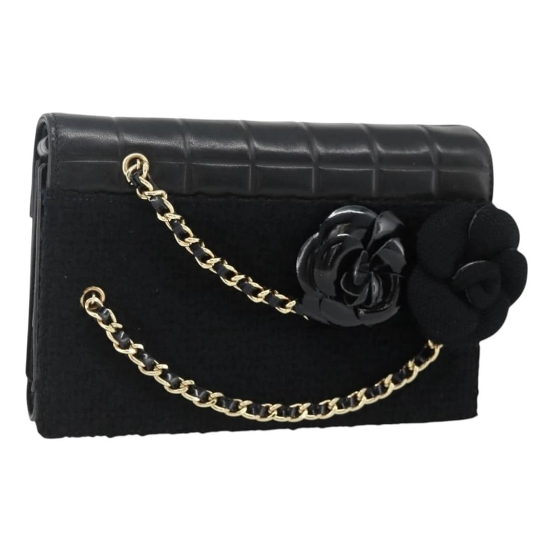 CHANEL CHOCO BAR CAMELIA CLUTCH BAG LAMB SKIN BLACK GOLD: CHANEL Choco Bar Camelia Clutch Bag Lamb Skin Black Gold Brand: CHANEL Type/Style: Clutch Bag Material: Lamb Skin Color: Black/Gold Size: Size(Inch) W7.5 x H4.7 x D1.2inch(Approx) Accessories: Non
