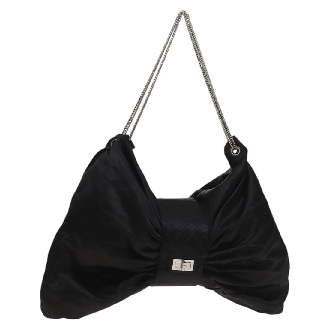 CHANEL CHAIN RIBBON SHOULDER BAG SATIN BLACK SILVER (1 of 6)