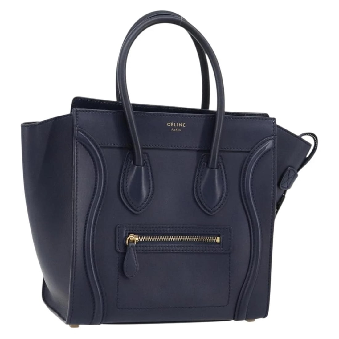 CELINE LUGGAGE MICRO SHOPPER HAND BAG LEATHER NAVY GOLD: CELINE Luggage Micro Shopper Hand Bag Leather Navy Gold Brand: CELINE Type/Style: Hand Bag Material: Leather Color: Navy/Gold Size: Size(Inch)W10.2 x H9.8 x D5.1inch(Approx) Handle