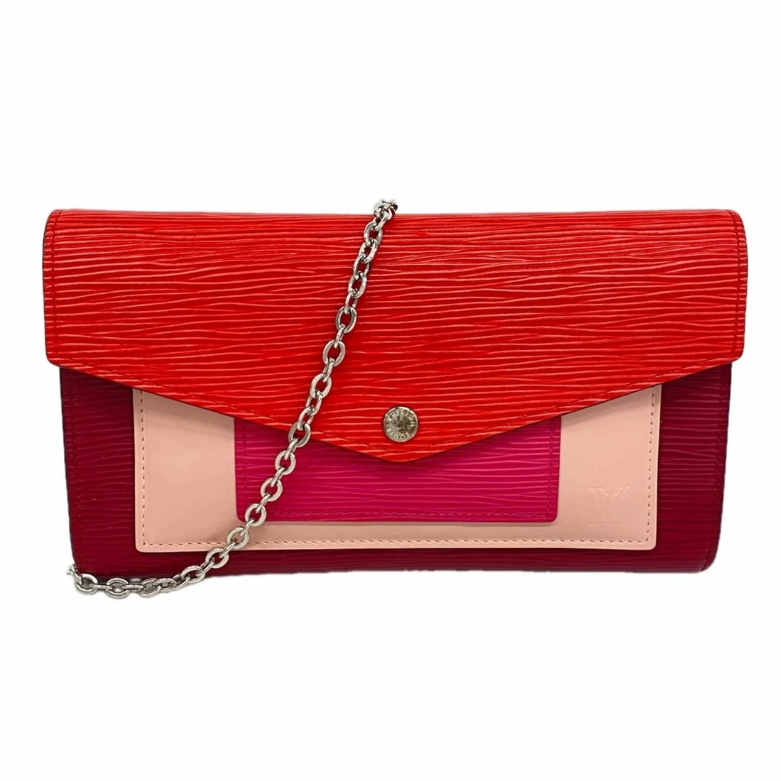 LOUIS VUITTON EPI LEATHER PORTEFEUILLE CHAIN WALLET: Louis Vuitton Epi Leather Portefeuille Chain Wallet Brand: Louis Vuitton Type/Style: Chain/Shoulder wallet Material: None Color: Pink, Red color Size: (HxWxD) 12.5cm x 20cm x 1.5cm / 4.92'' x 7.87'' x