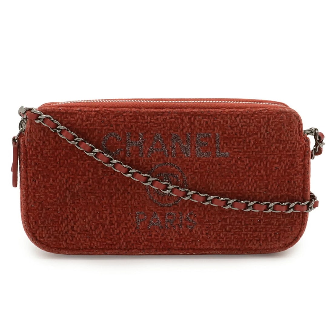 CHANEL DEAUVILLE CHAIN WALLET LONG SHOULDER BAG: CHANEL Deauville Chain Wallet, Long Shoulder Bag Brand: Chanel Type/Style: Pochette, Shoulder bag Material: Leather Color: Pink red Size: (HxWxD) 10cm x 19cm x 3.5cm / 3.93'' x 7.48'' x 1.37'' Acc