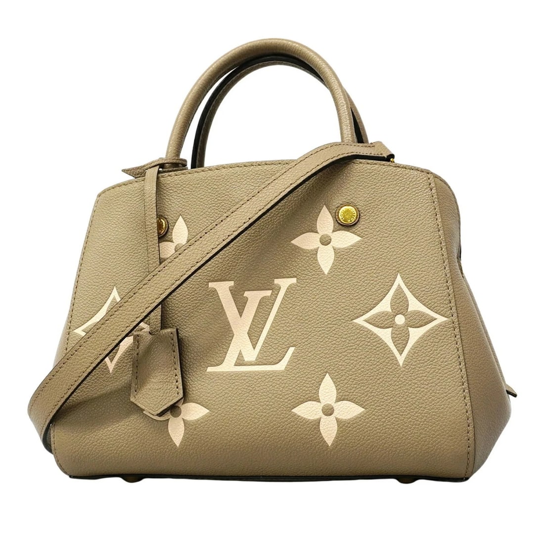 LOUIS VUITTON MONOGRAM EMPREINTE MONTAIGNE BB HANDBAG: Louis Vuitton Monogram Empreinte Montaigne BB Handbag Brand: Louis Vuitton Type/Style: Handbag Material: None Color: Cream, Tourterelle Size: (HxWxD) 20cm x 25cm x 10cm / 7.87'' x 9.84'' x 3.93''