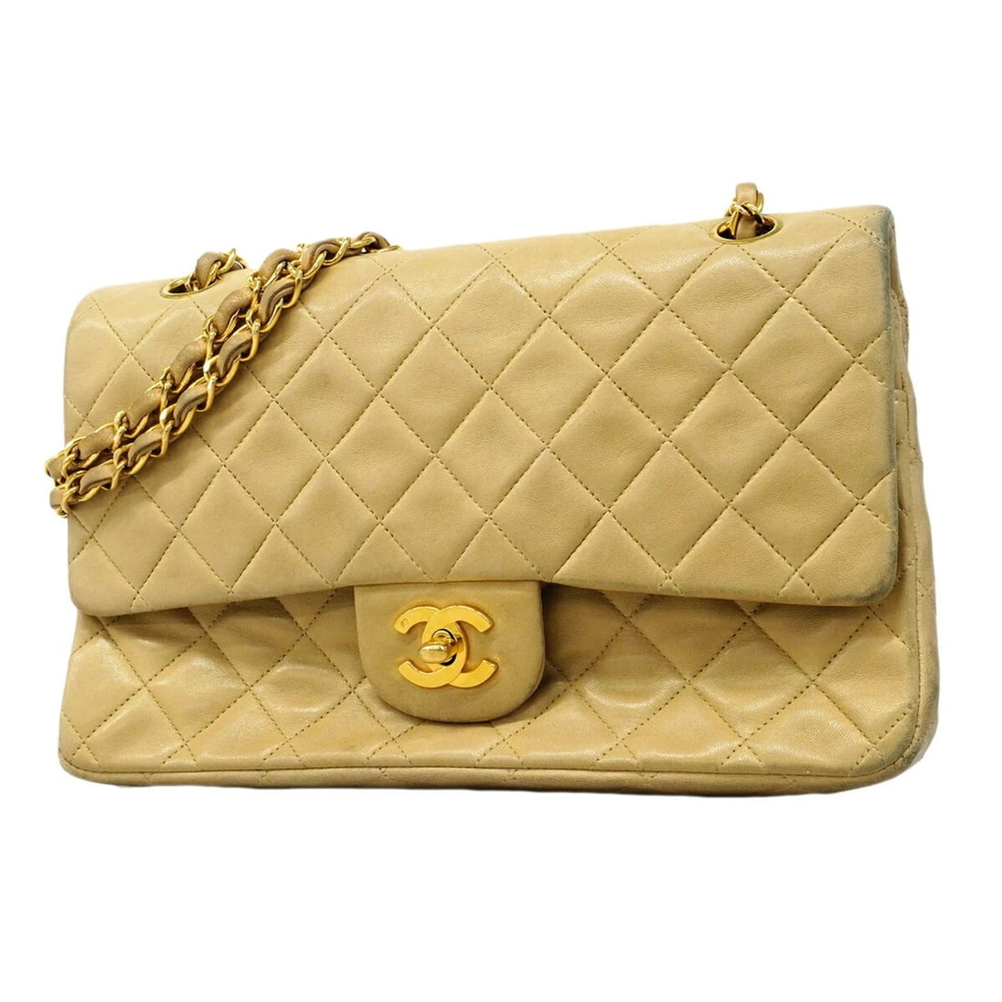 CHANEL MATELASSE SHOULDER BAG DOUBLE FLAP CHAIN LAMBSKIN: Chanel Matelasse Shoulder Bag, Double Flap, Chain, Lambskin Brand: Chanel Type/Style: Shoulder bag Material: Leather Color: Beige Size: (HxWxD) 15cm x 25.5cm x 7cm / 5.9'' x 10.03'' x 2.75'' Acces