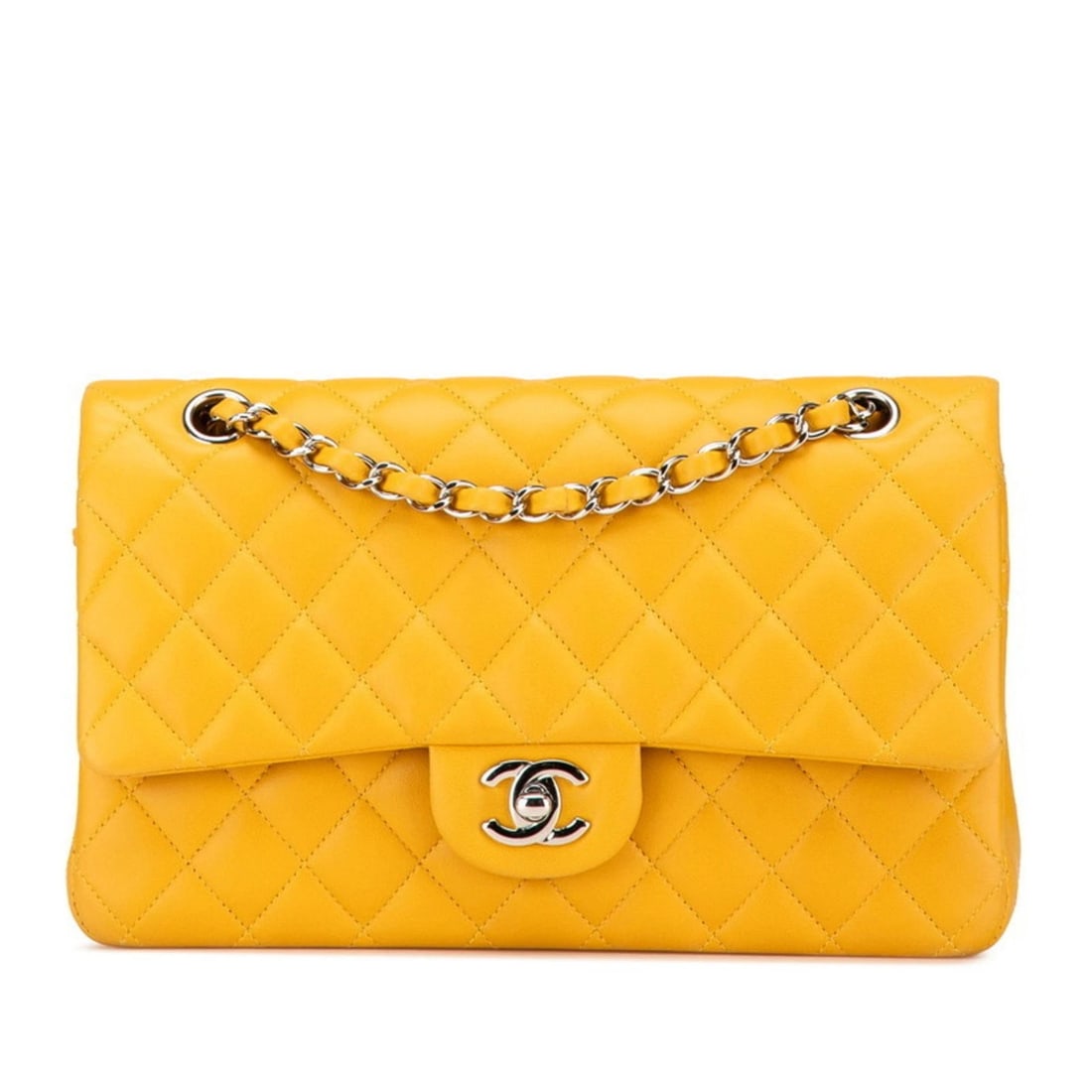 CHANEL MATELASSE COCO MARK DOUBLE FLAP CHAIN SHOULDER BAG: CHANEL Matelasse Coco Mark Double Flap Chain Shoulder Bag Brand: Chanel Type/Style: Shoulder bag Material: Leather Color: Silver, Yellow Size: (HxWxD) 15cm x 25cm x 6cm / 5.9'' x 9.84'' x 2.36'' A