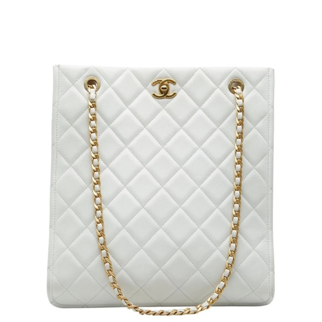 CHANEL COCO MARK MATELASSE CHAIN TOTE BAG: Chanel Coco Mark Matelasse Chain Tote Bag Brand: Chanel Type/Style: Shoulder bag, Tote bag Material: Grained Calfskin Color: White Size: (HxWxD) 31cm x 30cm x 6cm / 12.2'' x 11.81'' x 2.36''