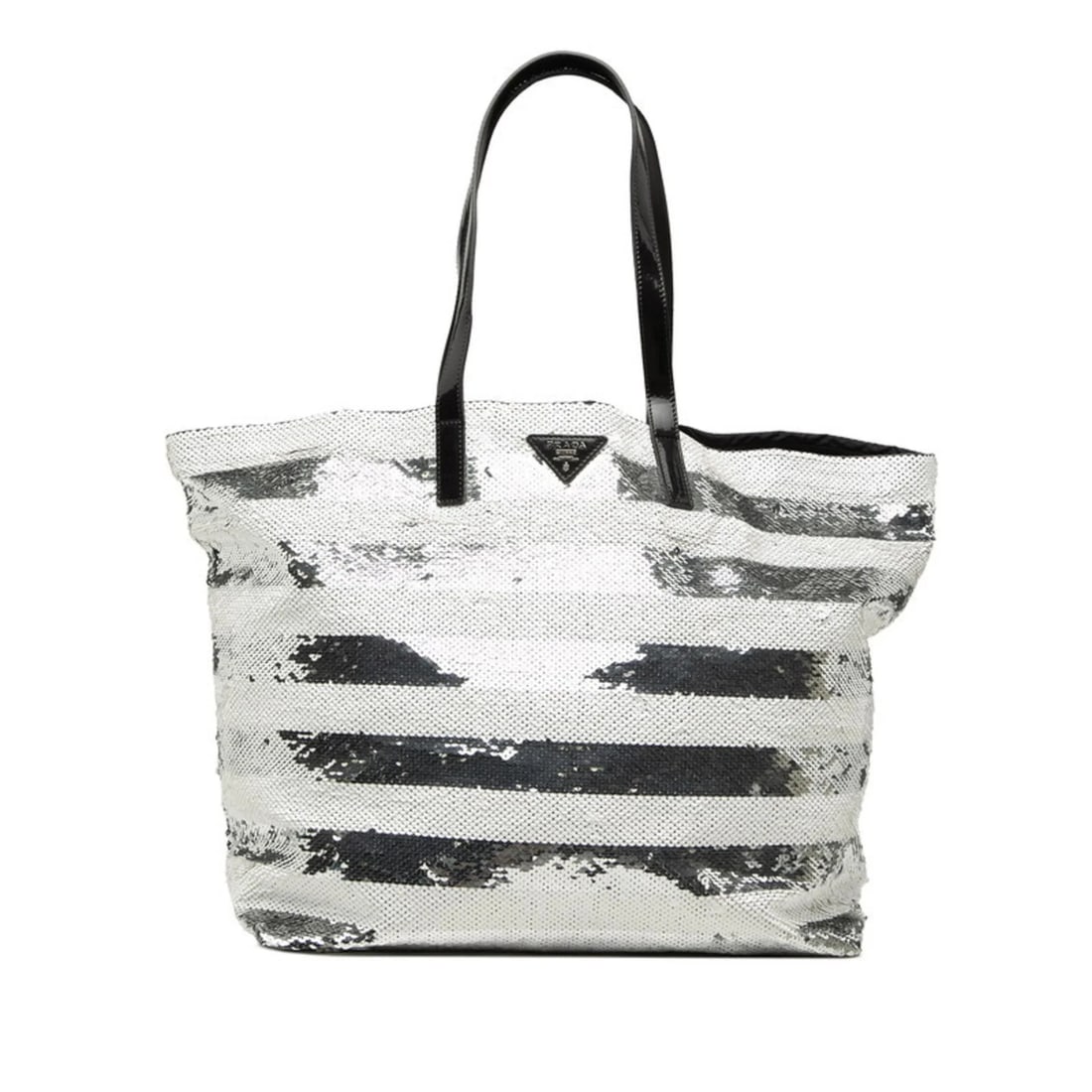 PRADA LOGO TOTE BAG SHOULDER WHITE SILVER SEQUIN ENAMEL: Prada Logo Tote Bag Shoulder White Silver Sequin Enamel Brand: Prada Type/Style: Shoulder bag, Tote bag Material: Spangles Color: Silver, White Size: (HxWxD) 34cm x 35.5cm x 19cm / 13.38'' x 13.97''