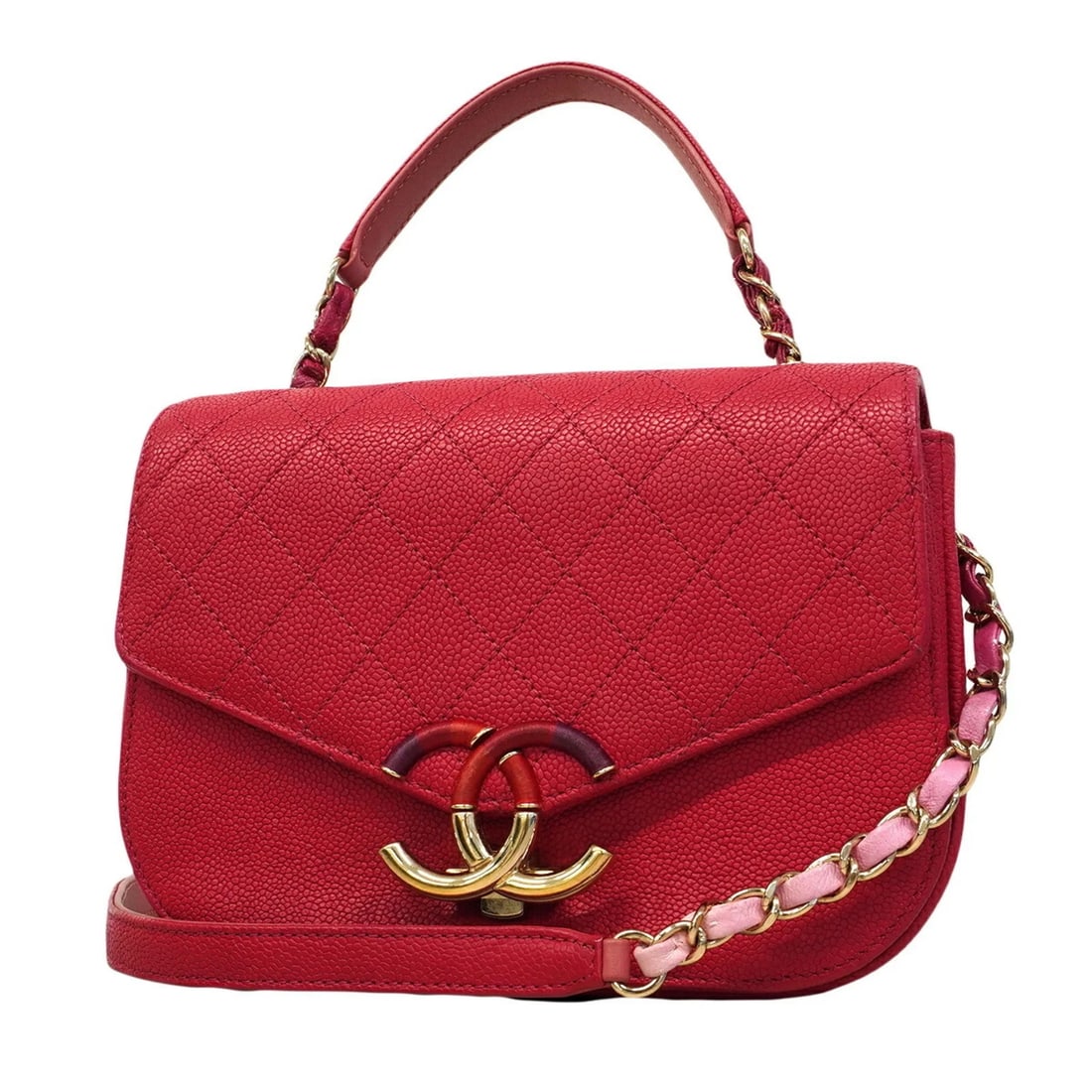 CHANEL MATELASSE CHAIN SHOULDER BAG: Chanel Matelasse Chain Shoulder Bag Brand: Chanel Type/Style: Handbag Material: Grained Calfskin Color: Pink Size: (HxWxD) 16.5cm x 20cm x 7cm / 6.49'' x 7.87'' x 2.75'' Accessories: None Accessories