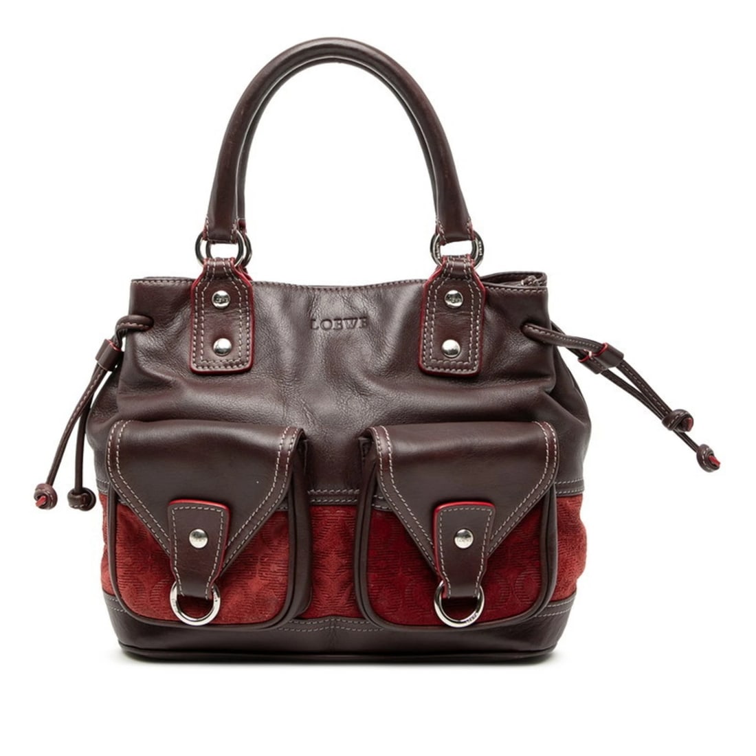 LOEWE ANAGRAM HANDBAG IN WINE RED: LOEWE Anagram Handbag in Wine Red Brand: Loewe Type/Style: Handbag Material: Leather Color: Bordeaux Size: (HxWxD) 22cm x 24.5cm x 12.5cm / 8.66'' x 9.64'' x 4.92'' Accessories: None Accessories