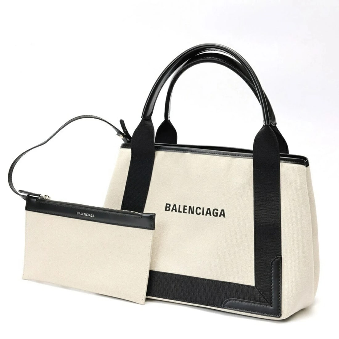 BALENCIAGA NAVY CABAS S TOTE BAG: Balenciaga Navy Cabas S Tote Bag Brand: Balenciaga Type/Style: Tote bag Material: Canvas , Leather Color: Black, Ivory Size: (HxWxD) 24cm x 30cm x 15cm / 9.44'' x 11.81'' x 5.9'' Accessories: None