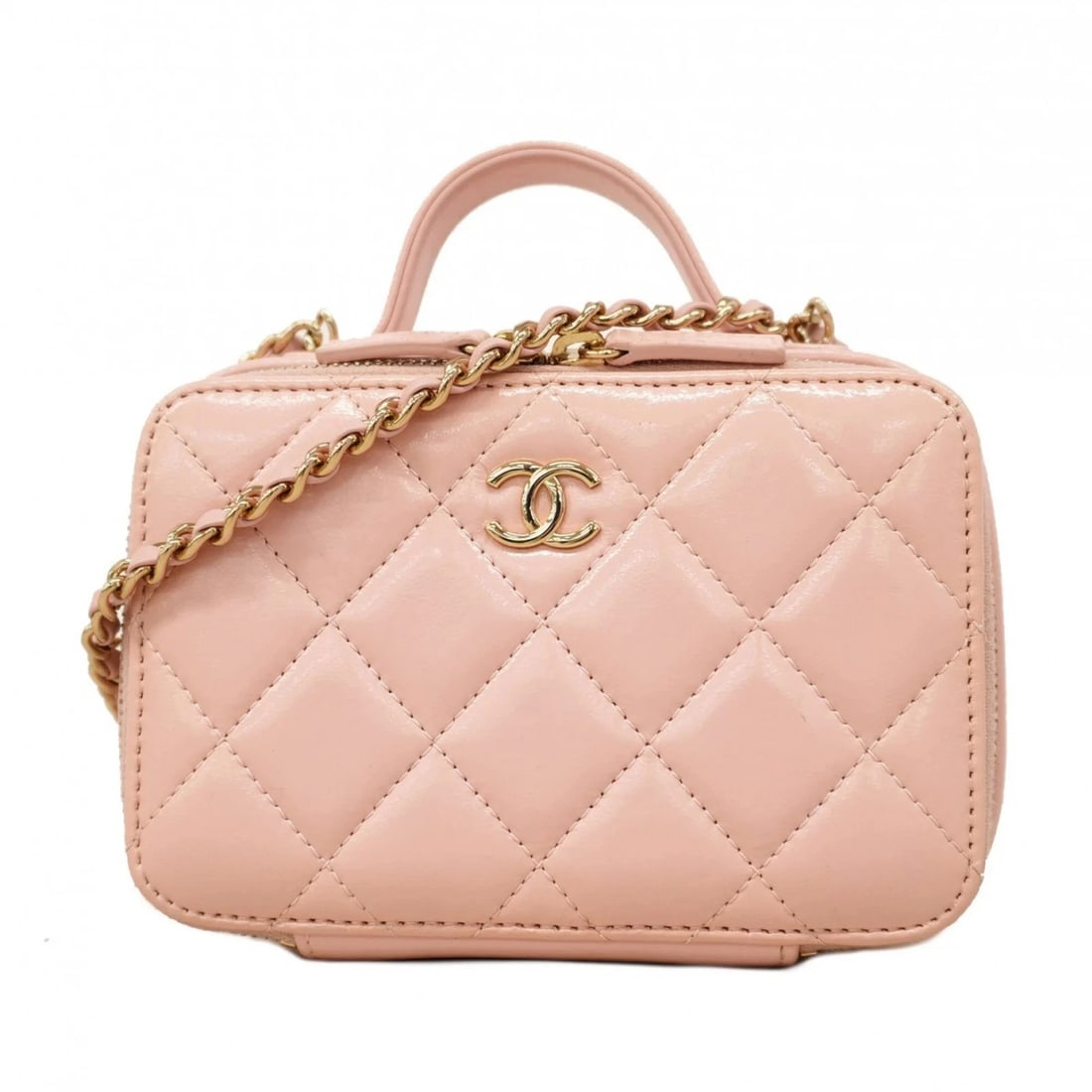 CHANEL MATELASSE CHAIN SHOULDER BAG LAMBSKIN: Chanel Matelasse Chain Shoulder Bag, Lambskin Brand: Chanel Type/Style: Vanity bag Material: Leather Color: Pink Size: (HxWxD) 10cm x 14.5cm x 7cm / 3.93'' x 5.7'' x 2.75'' Accessories: None <
