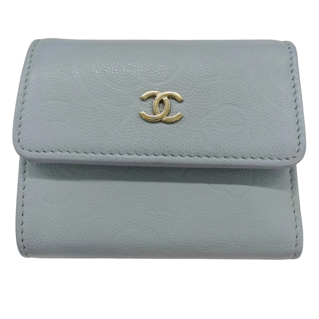 CHANEL WOMEN'S TRIFOLD WALLET CAVIARSKINLEATHER: Chanel women's trifold wallet, CaviarSkinleather Brand: Chanel Type/Style: Wallet (tri-fold) Material: Grained Calfskin Color: Light blue Size: (HxWxD) 9cm x 11cm x 4cm / 3.54'' x 4.33'' x 1.57''