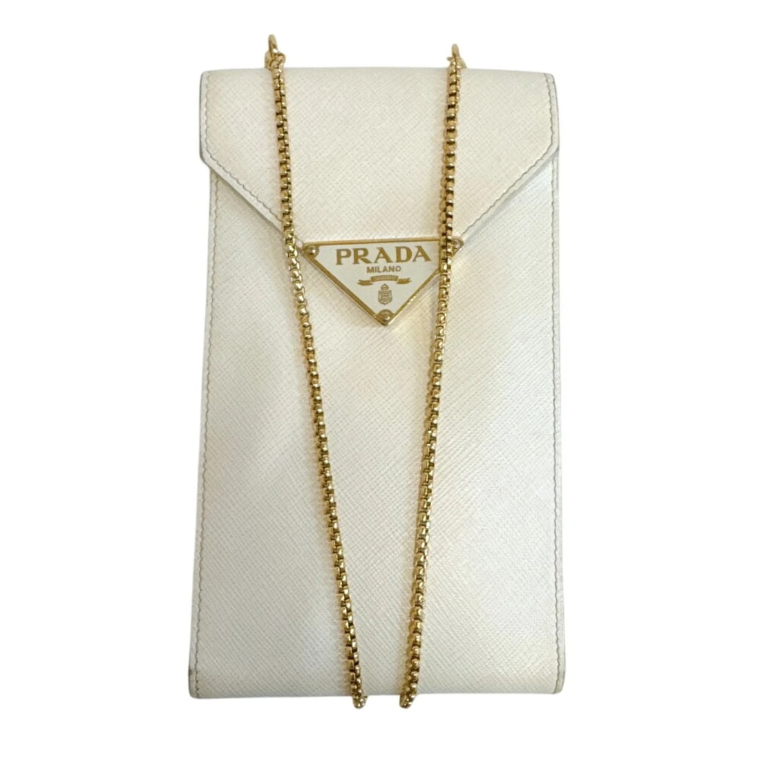 PRADA TRIANGLE PLATE CHAIN WALLET FRAGMENT CASE SMARTPHONE: PRADA Triangle Plate Chain Wallet Fragment Case Smartphone Brand: Prada Type/Style: Shoulder bag Material: Leather Color: White Size: (HxWxD) 18cm x 10.5cm / 7.08'' x 4.13'' Accessories: None