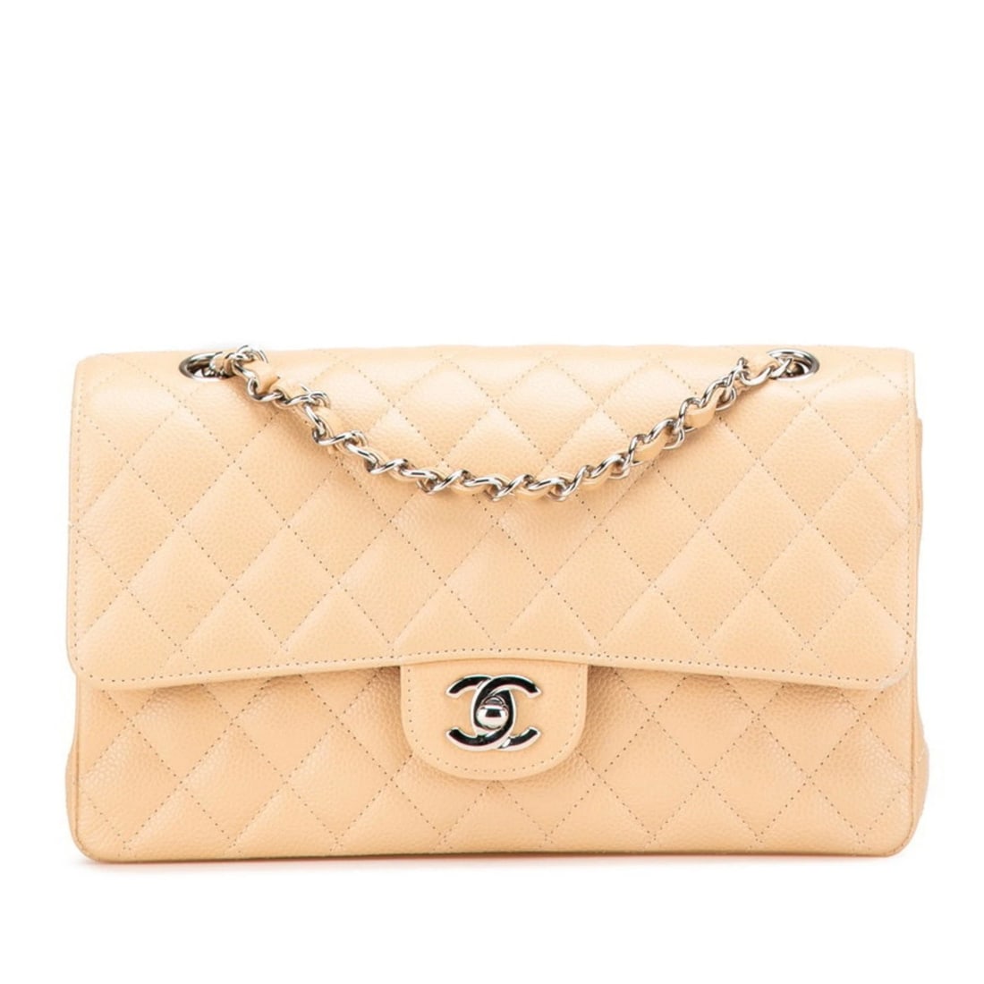 CHANEL MATELASSE 25 COCO MARK DOUBLE FLAP SILVER HARDWARE: CHANEL Matelasse 25 Coco Mark Double Flap Silver Hardware Brand: Chanel Type/Style: Shoulder bag Material: Grained Calfskin Color: Beige Size: (HxWxD) 15cm x 25cm x 7cm / 5.9'' x 9.84'' x 2.75'' A