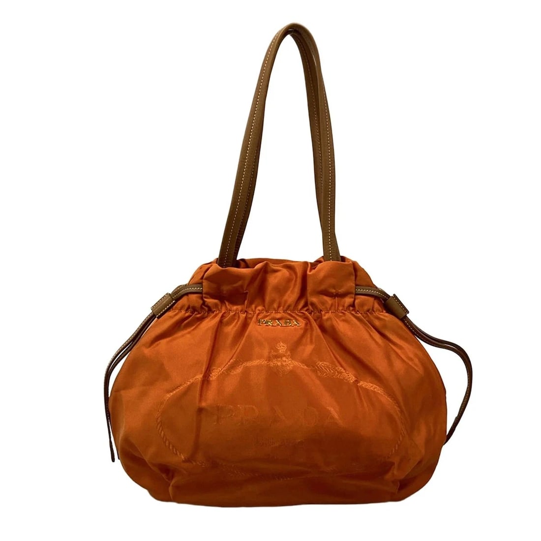 PRADA LOGO JACQUARD TOTE BAG: PRADA Logo Jacquard Tote Bag Brand: PRADA Type/Style: Tote Bag Material: Exterior Material Nylon, Leather Color: Exterior Color Orange, Beige Size: Height : 10.63 inch (27 cm) Width : 10.24 inch (26 c