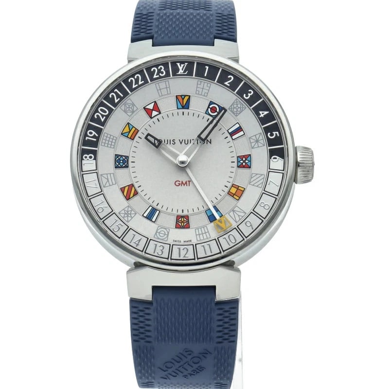 LOUIS VUITTON TAMBOUR MOON DUAL TIME GMT WATCH: louis vuitton Tambour moon dual time GMT Watch Brand: LOUIS VUITTON Type/Style: Wristwatch Material: Case material stainless steel Belt material rubber Color: Dial Color silver Size: Case diameter (H)