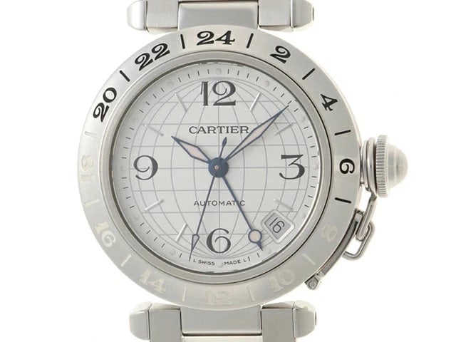 CARTIER WATCH PASHA C MERIDIAN GMT WATCH: Cartier watch Pasha C meridian GMT Watch Brand: Cartier Type/Style: Wristwatch Material: stainless steel/sapphire glass Color: Dial Color Silver Size: Case: Approx. 35mm x 35mm Arm circumference: appr