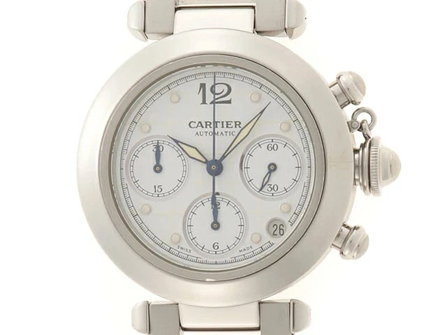 CARTIER WATCH PASHA C CHRONO WRIST WATCH: Cartier watch Pasha C Chrono Wrist Watch Brand: Cartier Type/Style: Wristwatch Material: stainless steel/sapphire crystal Color: Dial Color White Size: Case: Approx. 38mm x 38mm Arm circumference: app