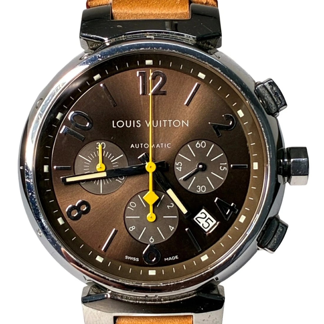 LOUIS VUITTON TAMBOUR WRIST WATCH: LOUIS VUITTON Tambour Wrist Watch Brand: LOUIS VUITTON Type/Style: Wristwatch Material: Case: Stainless steel Belt: Leather Color: Dial Color brown Size: Case: 36mm (excluding crown) Accessories: