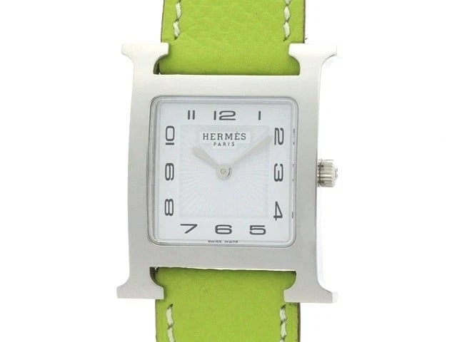 WRIST WATCH HERMES H WATCH: Wrist watch HERMES H Watch Brand: HERMES Type/Style: Wristwatch Material: stainless steel/leather/sapphire glass Color: Dial Color Color White x Green x White Dial Size: Size Case: Approx. 26mm x 35mm