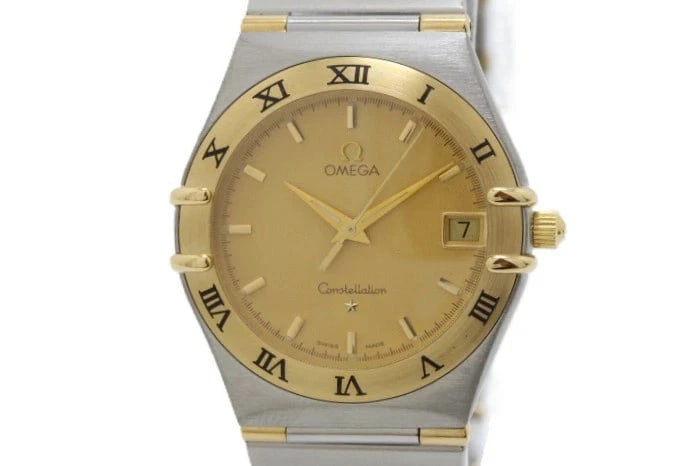 OMEGA CONSTELLATION HALF BAR WATCH: OMEGA constellation half bar Watch Brand: OMEGA Type/Style: Wristwatch Material: K18 yellow gold/stainless steel Color: Dial Color champagne Size: case: approx. 33.5mm Arm circumference: approx. 19cm