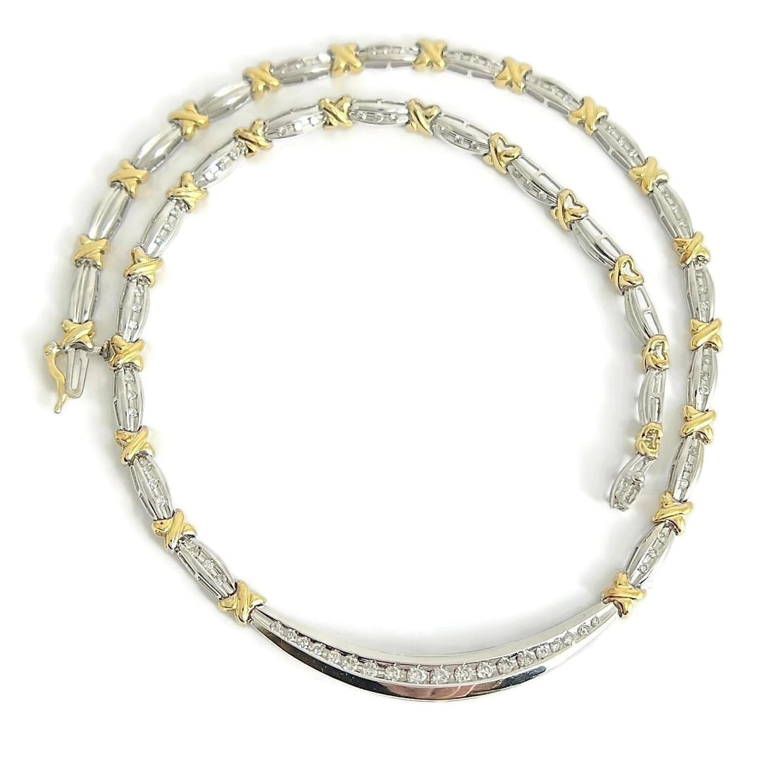 TWO-TONE DIAMOND BAR X-LINK NECKLACE 14K WHITE YELLOW GOLD: Two-Tone Diamond Bar X-Link Necklace 14K White Yellow Gold Brand: Unbranded Type/Style: Necklace Material: 14K White Yellow Gold, Main Stone Natural Color: Gold Size: Length: 15.5 inches Width: 4.5