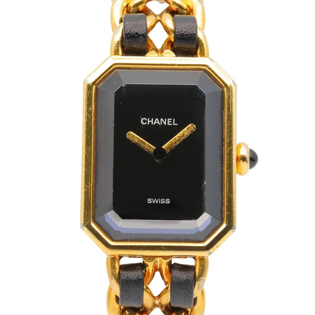 CHANEL PREMIERE M WATCH BLACK QUARTZ WATCH: CHANEL Premiere M Watch Black Quartz Watch Brand: CHANEL Type/Style: Wristwatch Material: GP (gold plated) GP (gold plated) leather belt Color: Dial Color black Size: Case size: Diameter approx. 20mm 