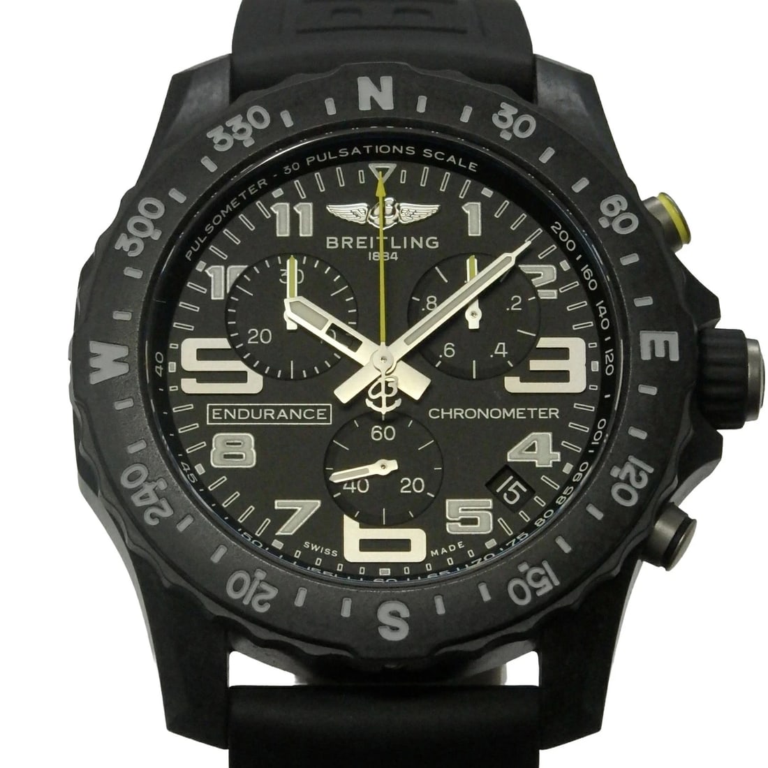 BREITLING WATCH ENDURANCE CHRONOGRAPH QUARTZ WATCH: Breitling Watch Endurance Chronograph Quartz Watch Brand: BREITLING Type/Style: Wristwatch Material: Brightlight/Rubber Color: BLACK DIAL Size: Case size: 44mm Wrist size: 21.5cm Accessories: None