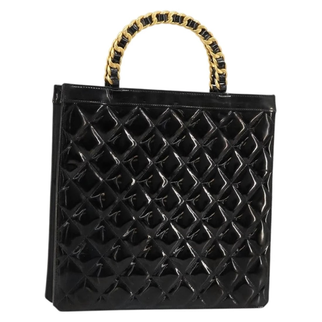 CHANEL MATELASSE CHAIN TOTE BAG PATENT LEATHER BLACK GOLD: CHANEL Matelasse Chain Tote Bag Patent leather Black Gold Brand: CHANEL Type/Style: Tote Bag Material: Patent leather Color: Black/Gold Size: Size(Inch) W10.6 x H10.6 x D2.4inch(Approx) Handle Drop:3.