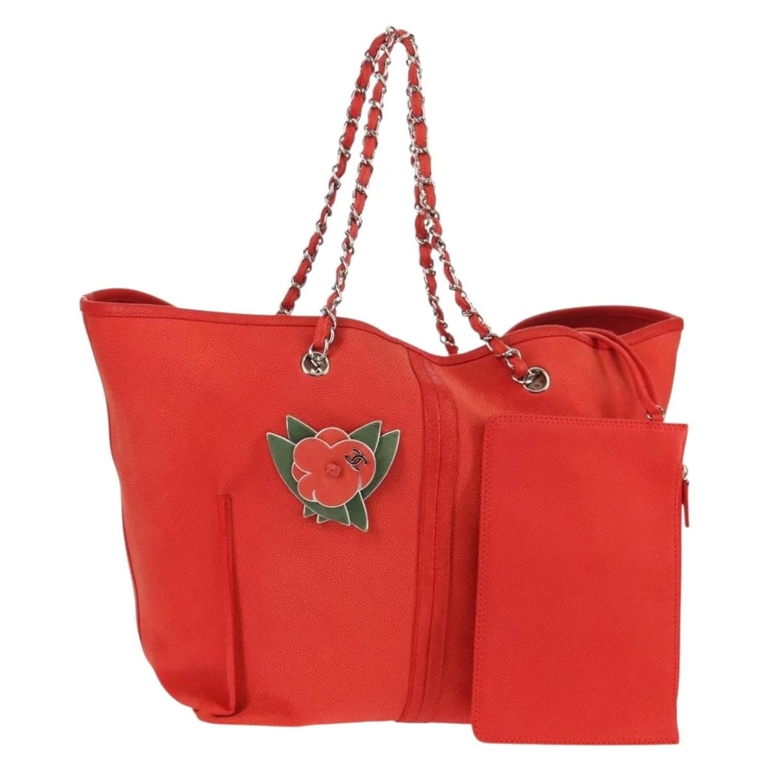 CHANEL CHAIN CAMELIA TOTE BAG GRAINED CALF SKIN RED SILVER: CHANEL Chain Camelia Tote Bag Grained Calf Skin Red Silver Brand: CHANEL Type/Style: Tote Bag Material: Caviar skin Color: Red/Silver Size: Size(Inch) W11.8 x H13.4 x D8.7inch(Approx) Handle Drop:9.4i