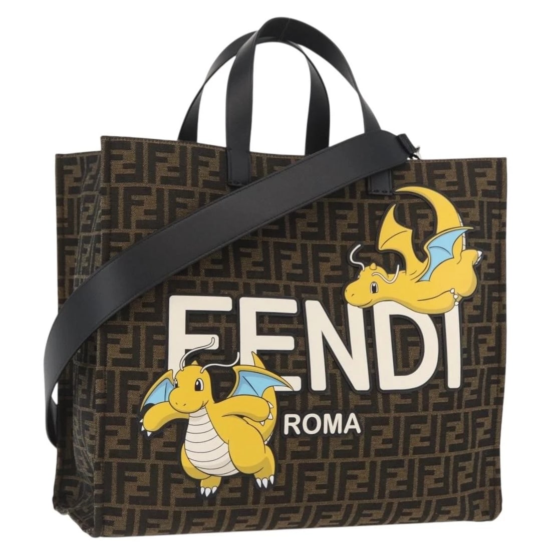 FENDI X FRGMT X POKEMON ZUA CANVAS DRAGONFLY BAG 2WAY BLACK: FENDI x FRGMT x POKEMON Zua Canvas Dragonfly Bag 2way Black Brand: FENDI Type/Style: Tote Bag Material: Zucca Canvas Color: Black/Brown Size: Size(Inch) W15.4 x H13.4 x D7.1inch(Approx) Handle Drop:5.