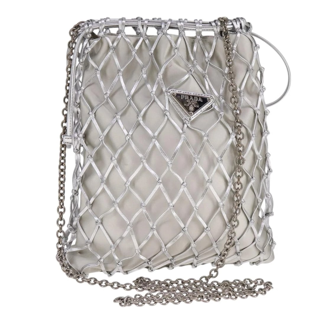 PRADA CHAIN SHOULDER BAG SATIN SILVER: PRADA Chain Shoulder Bag Satin Silver Brand: PRADA Type/Style: Shoulder Bag Material: Satin Color: Silver Size: Size(Inch) W8.3 x H9.4inch(Approx) Accessories: None Accessories Notice: Whe