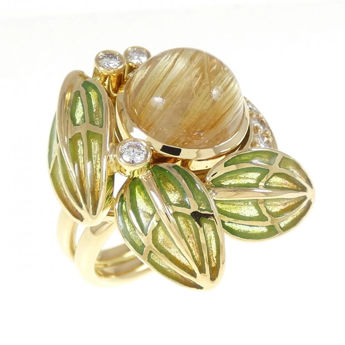 MIKIMOTO COLORED STONE RING: Mikimoto colored stone ring Brand: MIKIMOTO Type/Style: Mikimoto Ring Material: 750 yellow gold, Main Stone Rutile Quartz Secondary Stone Natural / enamel Color: yellow gold Size: US 7 Accessories: