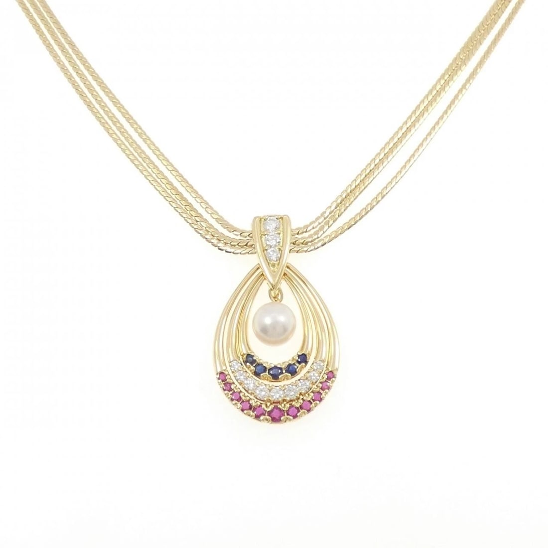 MIKIMOTO COLOR STONE NECKLACE: Mikimoto Color Stone Necklace Brand: MIKIMOTO Type/Style: Mikimoto Necklace Material: K18 yellow gold, Main Stone Natural /Ruby /Sapphire Color: yellow gold Size: Lenght 37cm Actual Size Pendant