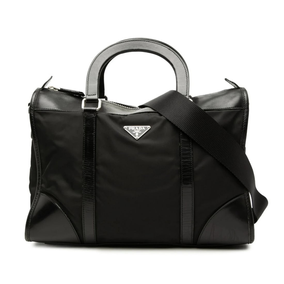PRADA TRIANGLE LOGO PLATE HANDBAG/SHOULDER BAG 2-WAY: Prada Triangle Logo Plate Handbag/Shoulder Bag 2-Way Brand: Prada Type/Style: Handbag, Shoulder bag Material: Nylon , Leather Color: Black Size: (HxWxD) 24.5cm x 33cm x 11cm / 9.64'' x 12.99'' x 4.33'