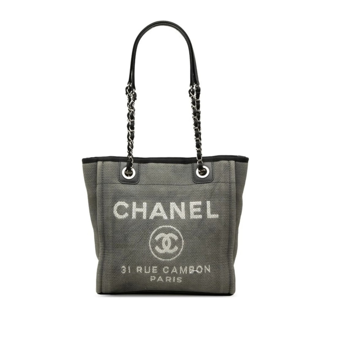CHANEL DEAUVILLE PM CHAIN TOTE BAG SHOULDER: Chanel Deauville PM Chain Tote Bag Shoulder Brand: Chanel Type/Style: Shoulder bag, Tote bag Material: Canvas , Leather Color: Black, Gray Size: (HxWxD) 26cm x 25.5cm x 12cm / 10.23'' x 10.03'' x 4.72
