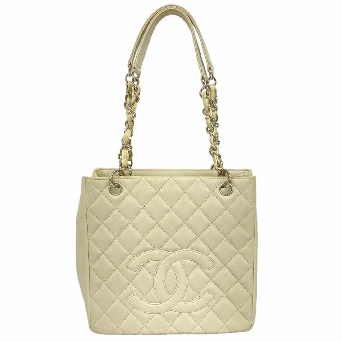 CHANEL TOTE BAG/CHAIN TOTE MATELASSE CAVIARSKINLEATHER: Chanel Tote Bag/Chain Tote, Matelasse, CaviarSkinLeather Brand: Chanel Type/Style: Tote bag Material: Grained Calfskin Color: Ivory Size: (HxWxD) 23.5cm x 24cm x 8.5cm / 9.25'' x 9.44'' x 3.34'' A