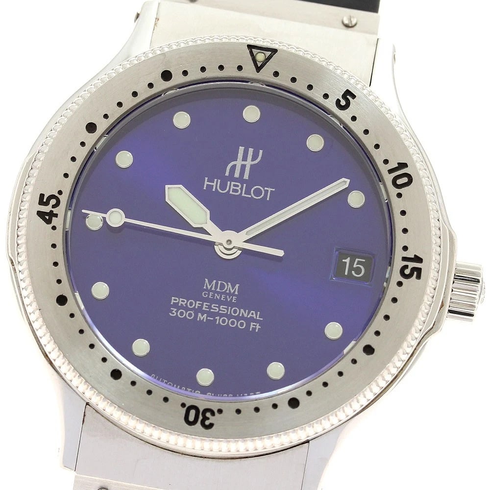 HUBLOT PROFESSIONAL DATE BLUE AUTOMATIC WATCH: HUBLOT Professional Date blue Automatic Watch Brand: HUBLOT Type/Style: Wristwatch Material: Band Material Rubber / Stainless Steel, Case Material Stainless Steel Color: Case Color Silver Band Color