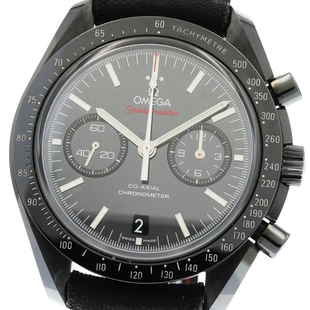 OMEGA SPEEDMASTER DARK SIDE OF THE MOON WATCH: OMEGA Speedmaster Dark Side of the Moon Watch Brand: OMEGA Type/Style: Wristwatch Material: Band Material Leather / nylon, Case Material ceramic Color: Band Color black Case Color black Dial Color