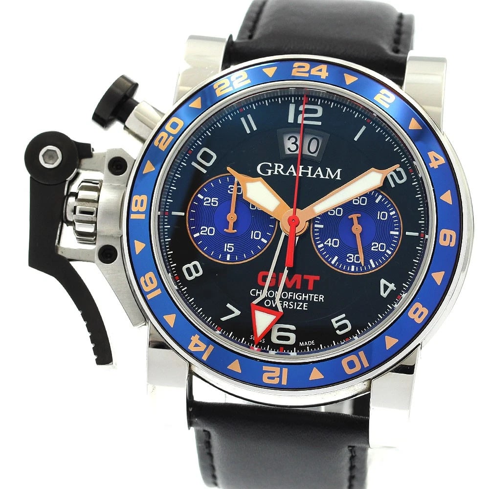 GRAHAM CHRONOFIGHTER OVERSIZE GMT DATE AUTOMATIC WATCH: GRAHAM Chronofighter Oversize GMT Date Automatic Watch Brand: GRAHAM Type/Style: Wristwatch Material: Band Material leather, Case Material Stainless Steel Color: Case Color Silver Dial Color Black /