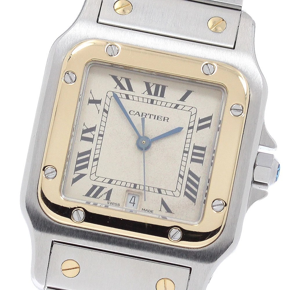 CARTIER SANTOS GALBEELM DATE YG BEZEL QUARTZ WATCH: CARTIER Santos GalbeeLM Date YG bezel Quartz Watch Brand: CARTIER Type/Style: Wristwatch Material: Band Material Stainless Steel/YG, Case Material Stainless Steel/YG Color: Band Color Silver / Gold