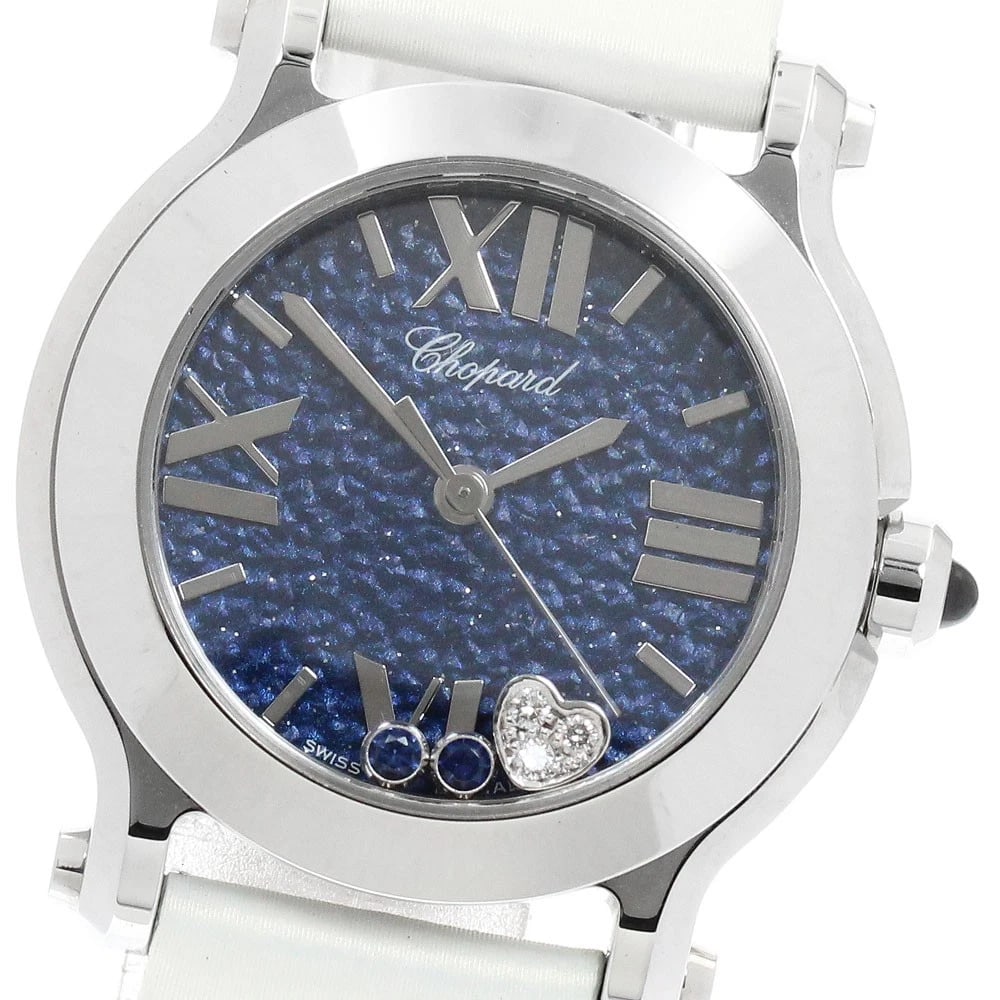 CHOPARD HAPPY SPORTS SAPPHIRE HEART DIAMOND QUARTZ WATCH: Chopard Happy sports Sapphire Heart Diamond Quartz Watch Brand: Chopard Type/Style: Wristwatch Material: Band Material Leather/Satin, Case Material Stainless Steel Color: Dial Color blue Case Color