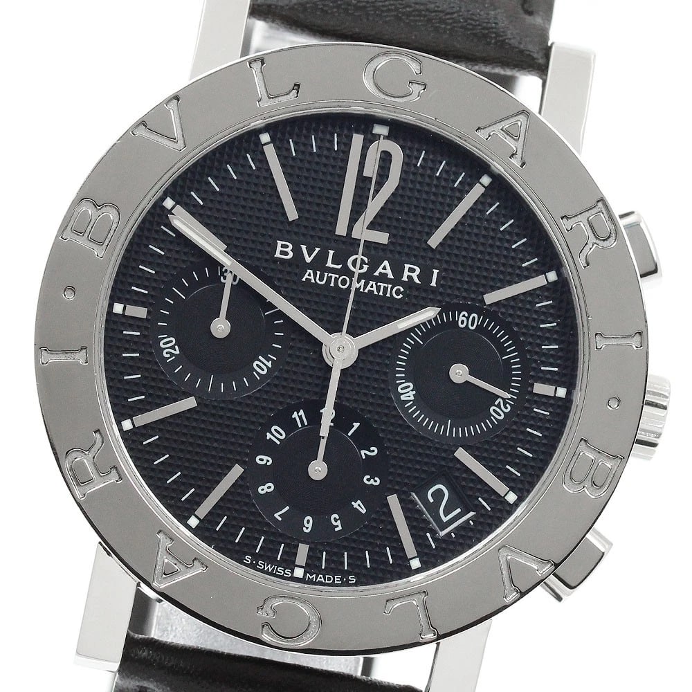 BVLGARI BVLGARIBVLGARI DATE CHRONOGRAPH AUTOMATIC WATCH: BVLGARI BVLGARIBVLGARI Date Chronograph Automatic Watch Brand: BVLGARI Type/Style: Wristwatch Material: Band Material leather, Case Material Stainless Steel Color: Dial Color black Case Color Silver B