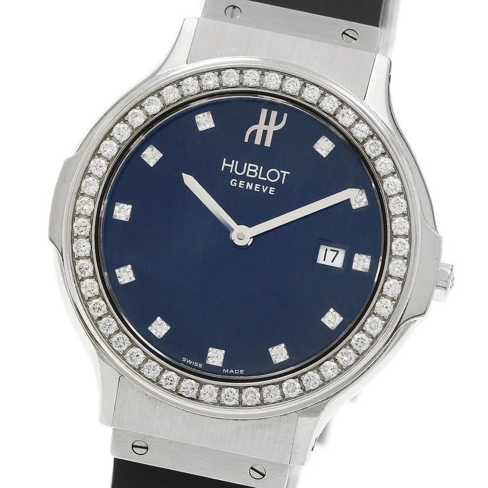 HUBLOT CLASSIC TRADITION DIAMOND BEZEL QUARTZ WATCH: HUBLOT Classic Tradition diamond bezel Quartz Watch Brand: HUBLOT Type/Style: Wristwatch Material: Band Material rubber, Case Material Stainless Steel Color: Case Color Silver Band Color black Dial