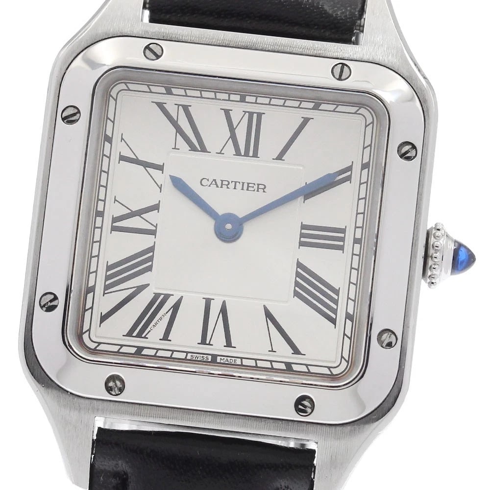 CARTIER SANTOS DUMONT SM SILVER DIAL QUARTZ WATCH: CARTIER Santos Dumont SM Silver Dial Quartz Watch Brand: CARTIER Type/Style: Wristwatch Material: Band Material leather, Case Material Stainless Steel Color: Band Color black Dial Color Silver Wrist