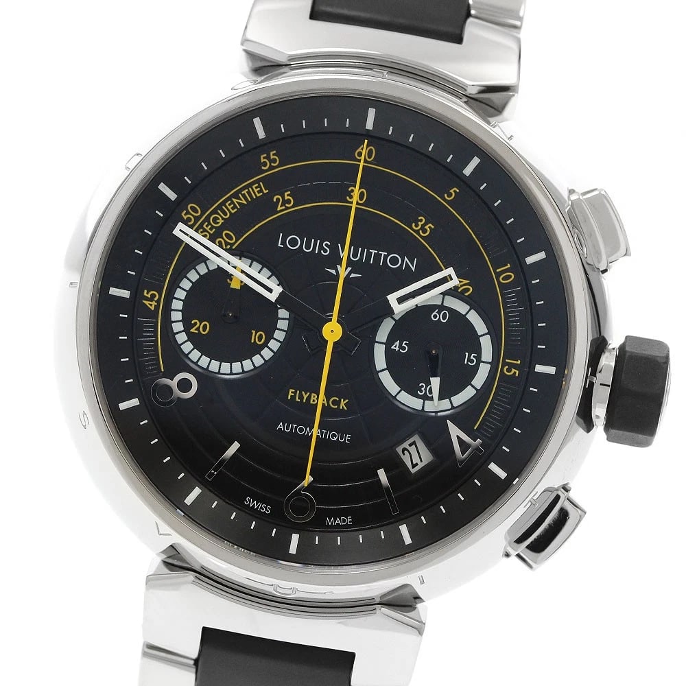 LOUIS VUITTON TAMBOUR FLYBACK CHRONOGRAPH AUTOMATIC WATCH: LOUIS VUITTON Tambour Flyback chronograph Automatic Watch Brand: LOUIS VUITTON Type/Style: Wristwatch Material: Band Material Stainless Steel / Rubber, Case Material Stainless Steel Color: Case Color