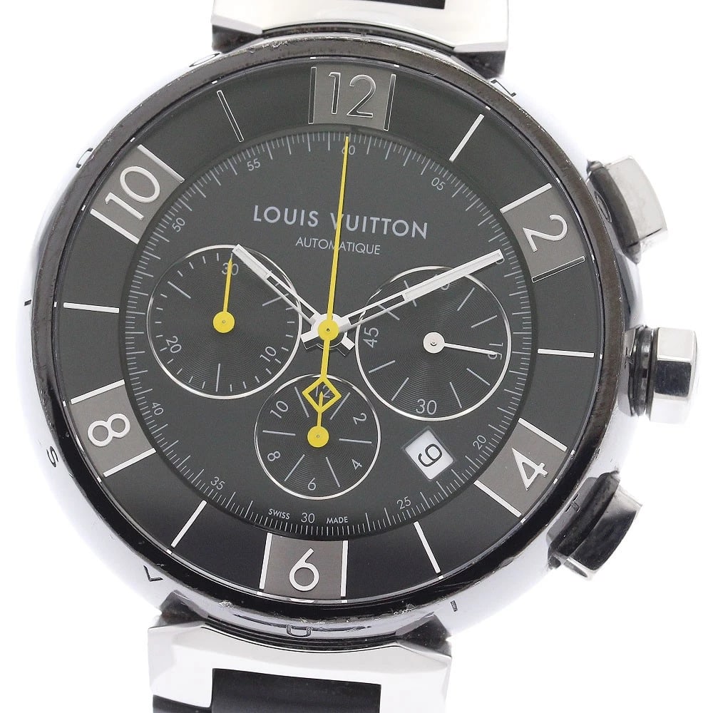 LOUIS VUITTON TAMBOUR BLACK CHRONOGRAPH AUTOMATIC WATCH: LOUIS VUITTON Tambour black Chronograph Automatic Watch Brand: LOUIS VUITTON Type/Style: Wristwatch Material: Band Material rubber, Case Material Stainless Steel Color: Dial Color black Case Color